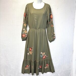 Savanna Jane Embroidered Floral Maxi Dress Womens Small S Olive Green Boho Fairy